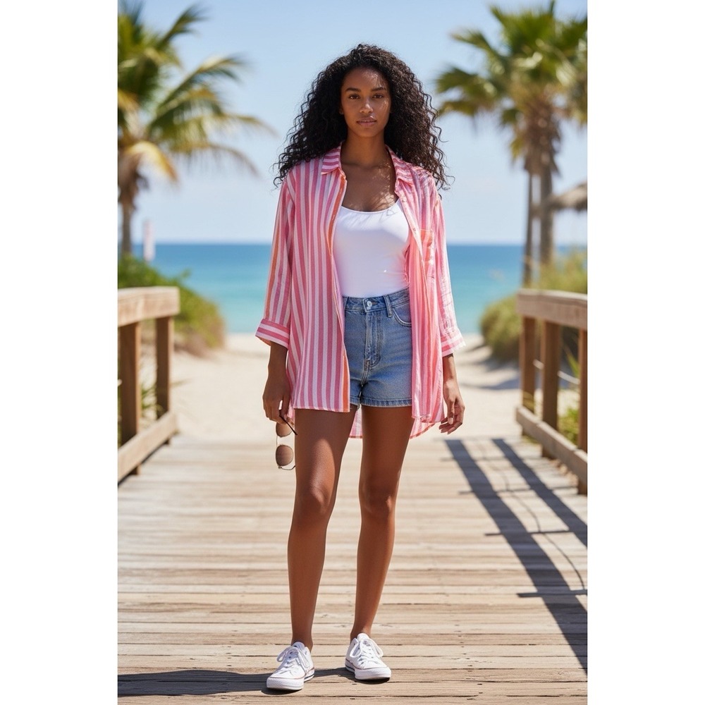 Beach Riot Alexa Striped Button Up Shirt Cover Up Pink Orange Striped Size L/XL